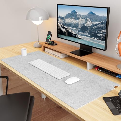 YSAGi Schreibtischunterlage Filz, 100x40cm Rutschfeste Schreibunterlage Tischunterlage Schreibtisch, Großes Mauspad Tastatur Unterlage Schreibtisch Zubehör für Büro & Homeoffice, Hellgrau
