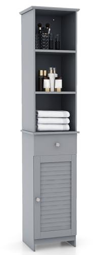 RELAX4LIFE Bathroom Tall Cabinet, Slim Wooden Storage Cupboard with 2 Adjustable Shelves, Door Cabinet & Drawer, Floor Standing Narrow Organiser Tallboy Unit for Living Room Kitchen (Grey)