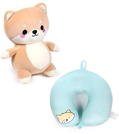 Puckator Swapseazzz Adoramals Shuggs the Shiba Inu 2-in-1 Plüsch-Reisekissen & Spielzeug – Nackenflugflug-Kissen für Reisen, Kinder, Nackenkissen, Kissen zum Schlafen, Nackenschmerzen, Erwachsene