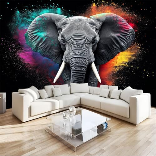 Papier Peint Panoramique 3D éLéPhant Coloré de Griffonnage Intissé Poster Murale Décoration Multicolore pour Salon Chambre Fond De Mur Tv Papier Peint Murales 200x140cm