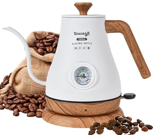 Generic 1350W Gooseneck Electric Kettle, 1000ml Stainless Steel Coffee Kettle with Visual Temperature Control, 32℉-212℉, Modern White