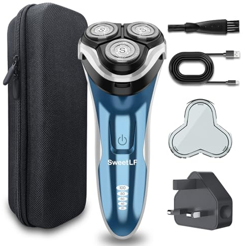 SweetLF Electric Razor for Men, 120 Min Shaving, Fast UK Adapter (1H Charging),100% Waterproof, Wet & Dry Rotary Shavers for Men with Pop-up Trimmer, LED Display (Blue with case)