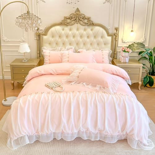 Jngnpn Rüschen-Spitzen-Bettbezug, Queen-Size-Größe, weiches Mikrofaser-Bettwäsche-Set, romantische Prinzessinnen-Bettwäsche mit Chiffon-Spitze, 3-teilig, 1 Bettbezug mit Reißverschluss, Eckbändern und