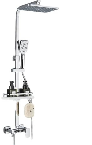 Black Thermostatic LCD Shower Faucet Set with Temperature Display Rainfall Shower Head Set for Bathroom Electric Water Heater Included White Bathtub Tap and Bathroom Shelf Included