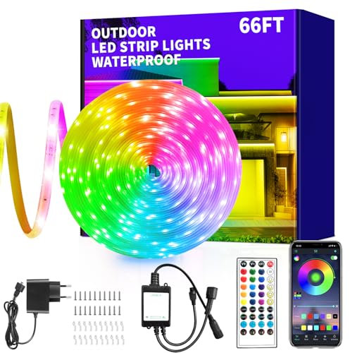 vimeepro 20M OutdoorLed Strip Lichter Ip68 Außen Led band strip Fernbedienung/App Steuerung Außen Led Seil LichterMusiksynchronisation RGB Streifen für Balkon,Dach,Party,Garde