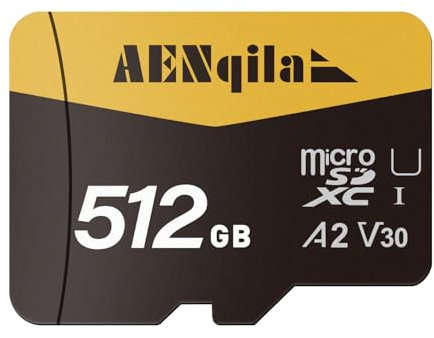 AENqila Carte Mémoire Micro SD 512 Go, Haute Capacité, Compatible avec Smartphone, Ordinateur, Caméra, GoPro, Reflex Numérique, Drone, V30, A2, Adaptateur Inclus, Garantie à Vie