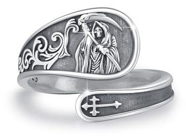 Waysles Grim Reaper Spoon Ring 925 Sterling Silver Adjustable Grim Reaper Ring Gothic Jewelry Gifts for Halloween Man