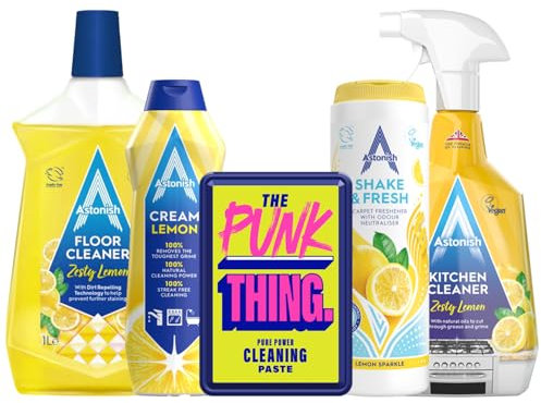 Astonish 5-Piece Yellow Giftset Bundle: Kitchen Cleaner 750ml, Shake & Fresh 400gm Lemon Sparkle, Floor Cleaner Zesty 1L, Cream Cleaner Lemon Fresh 500ml, The Punk Thing Multi-Purpose Paste 450g