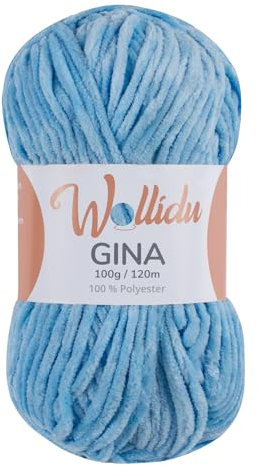 Wollidu Gina Chenille Garn zum Stricken und Häkeln 1 x 100g/120m Set 100% Polyester - Hellblau