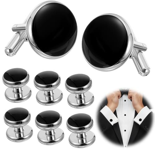 ElevateTech 8 Stück Manschettenknöpfe für Herren Smokinghemd Manschettenknöpfe Manschettenknopf für Hochzeit Geschäft Geschenk Zubehör Jahrestag Geschenk Freund Ehemann Vater (Silber-Schwarz)