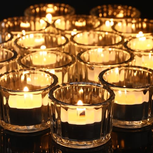 Mumufy 100 Pcs Glass Tealight Candle Holder Ribbed Votive Candle Holder for Centerpiece Wedding Proposal Spa Aromatherapy Meditation Home Decor (Clear)