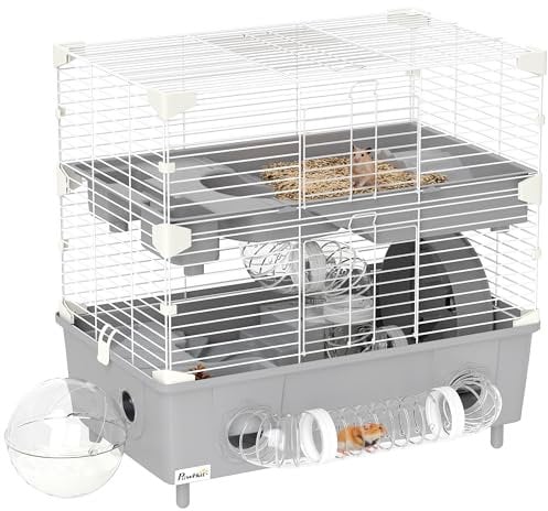PawHut Gabbietta per Criceto a 2 Livelli e 3 Porte con Ruota, Lettiera e Tubi di Gioco, Gabbia per Animali in Acciaio, PS e PP, 44.5x28x44 cm, Grigio e Bianco
