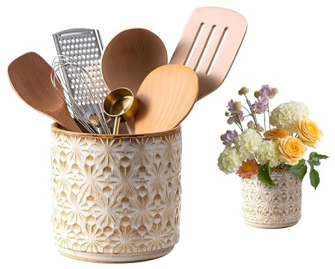 TIMENIL Porte-ustensiles en céramique pour comptoir de cuisine, support d'ustensiles de cuisine de ferme de 13,5 cm pour comptoir, porte-ustensiles de cuisine fabriqué à la main avec design élégant