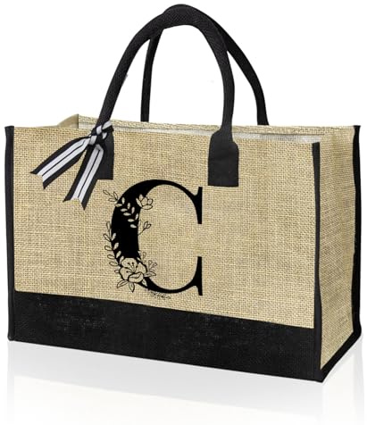 VLYX Bolsa de lona personalizada con inicial, bolsa de playa, bolsa de regalo adecuada para cumpleaños, bodas, playa, vacaciones, excelentes regalos de cumpleaños para mujeres, mamás, maestras
