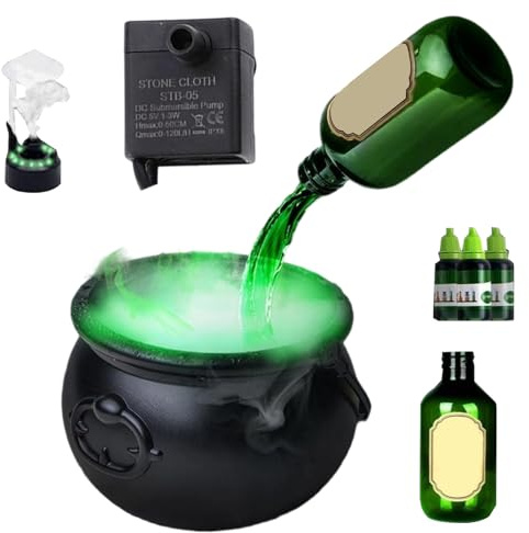 yanzisura Cauldron Bowl - Halloween Witch Cauldron with Mist Maker | Bubbling Pot with Floating Potion Bottles Spooky Holiday Supplies Black for Women Men Home Kitchen
