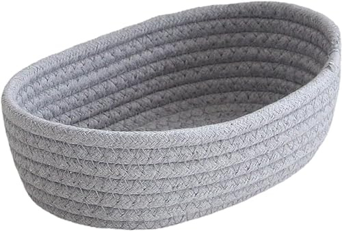 Aufbewahrungskorb Brötchenkorb Brotkorb Geflochten Geflochten Baumwollseil Brotkörbchen Klein Brötchen Korb Deko Oval für Bad Badezimmer Kinderzimmer Wickeltisch (Klein-Grau)