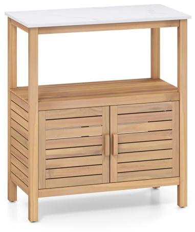 GOPLUS Table de Rempotage en Bois d'Acacia, Armoire Extérieure de Rangement avec Plateau en Résine, Étagère de Rangement, Convient pour Jardin, Terrasse, Balcon, 80 x 40 x 90,5 CM, Naturel