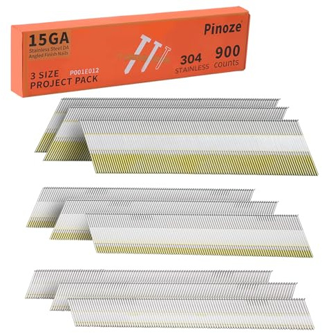 PINOZE 15 Gauge DA Stainless Steel Angled Finish Nails, 34-Degree, 900-Pack (2-1/2, 2, 1-1/4 300 Per Sizes), Assorted Size Project Pack, for Pneumatic, Electric Angled Finish Nailer Gun