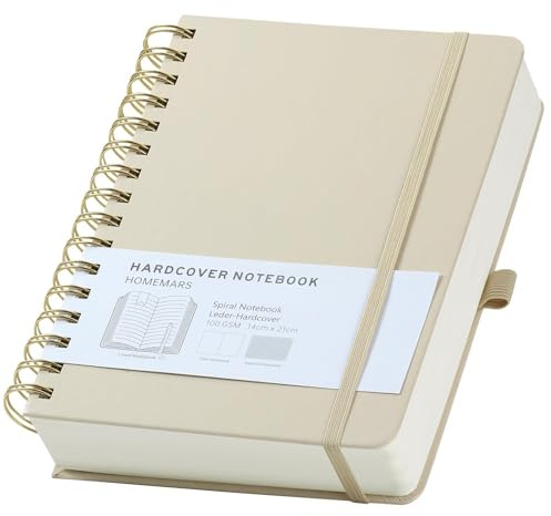 Notizbuch A5, Ringbuch A5, Liniert, Journal,Notizblock, Notizbuch Spiralbindung,HOMEMARS Notebook, 240 Pages, 100 g/m²,14.8 cm x 21 cm,Elfenbein,Lederhülle, Notizblock für Frauen Männer Arbeit Büro
