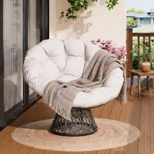 Acekool Sillón de jardín giratorio 360° de ratán, mecedora redonda con cojín cómodo Papasan, para exteriores o interiores, jardín, patio o salón