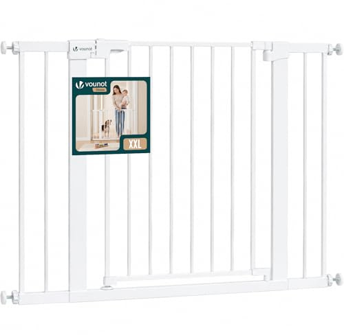 VOUNOT® Barrera de Seguridad Extensible 103-110cm Puerta Seguridad Escalera Pasillo para Perros Mascotas Valla Metálica a Presión sin Taladro Alto 76cm Doble Bloqueo Auto Close Giro Ambos Lados Blanco