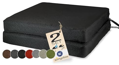 sunnypillow 2er Set Stuhlkissen 50x50cm wasserdicht UV-lichtecht, Schwarz | Outdoor Polsterauflage mit Bändern, Auflage für Stühle,Bänke, Sitzkissen Stuhlauflage für Haus und Garten, 7cm dick