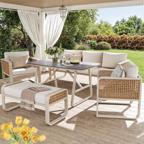 Conjunto de sofá de jardín Yrxin para 6-7 personas, grupo de asientos de ratán PE con mesa auxiliar, sofá de jardín con cojines lavables, pies ajustables para terraza, balcón, jardín (Beige, 7 plazas)