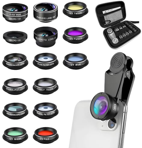 SKJJM 15-in-1 Handy Kamera Objektiv Set, 198° Fisheye Lens, 15X Makro Objektiv Handy, 0.63x Wide, Starlight- und Kaleidoskop-Objektiv mit CPL Filter, Kompatibel mit iPhone und Den Meisten Smartphones