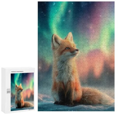 Anspruchsvolles Fox Under Aurora Borealis Puzzle Für Erwachsene, 300 PCS, Für Gemeinsame Konzentration Und Entspannten Spielspaß
