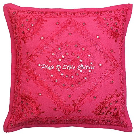 Stylo Culture Boho Forros De Cojines Decorativa 40x40 cm Algodón Espejado Fundas Almohadones Sofa Rosa 16x16 Inch Bordado Cuadrado sobre Cojin para La Cama - 1 Pc