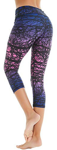 COOLOMG Damen Sport Leggings Laufhose 3/4 lang mit Taschen Yogahose Kompressionshose Zweig_lila L