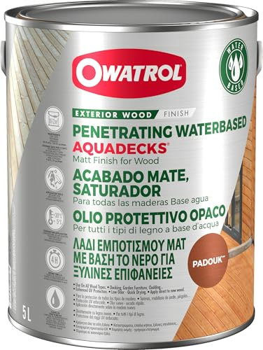 AQUADECKS OWATROL - Saturateur Mat - Saturateur Bois Extérieur - Sublime les Bois Exotiques & Résineux - Châlets, Terrasses, Bardages, Pont de Bateaux - Finition Mat Naturelle - Teinte Padouk - 5L