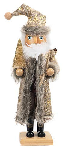 FUNPENY 14 Christmas Decorative Nutcracker, Handmade Wooden Santa Traditional Nutcracker in Flannel Ful Golden Coat, Festive Collectible Nutcracker, Winter Tabletop Christmas Decoration