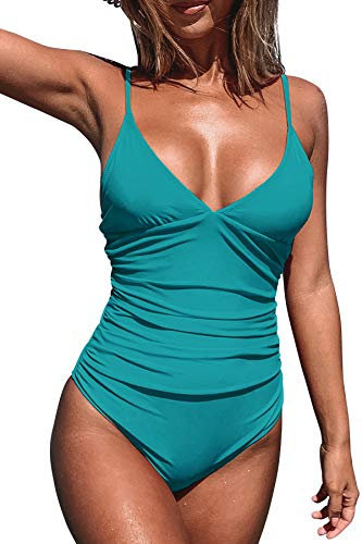 CUPSHE Damen Einteiler Badeanzug Triangel V Ausschnitt Raffung Bauchweg Strandmode Einteilige Bademode Swimsuit Meergrün L