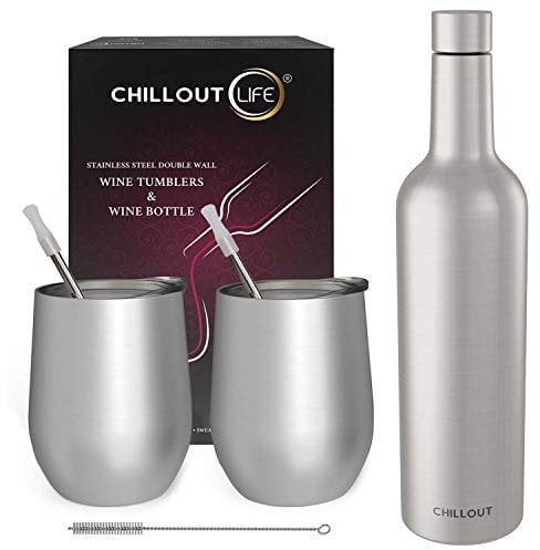 CHILLOUT LIFE Stainless Steel Wine Tumblers 2 Pack 12 oz & 1 Insulated Wine Bottle - Double Wall Vacuum Insulated Wine Cups with Lids and Straws Set