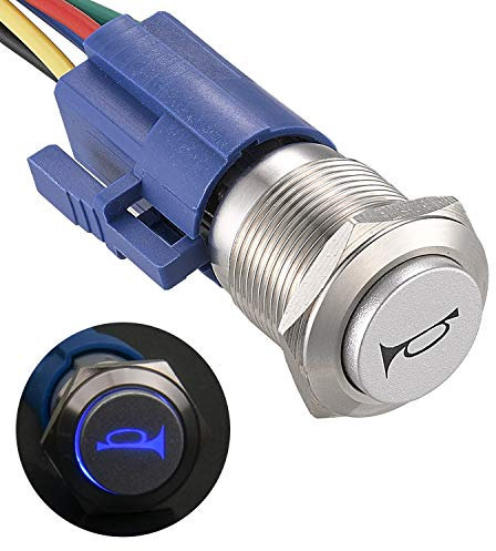 APIELE 16MM Momentan Hupentaste Druckschalter 12V, mit LED wasserdicht Momentary Drucktastenschalter mit vorverdrahtetem Stecker, Auto RV LKW Boot EIN/AUS Taste Schalter (blau)