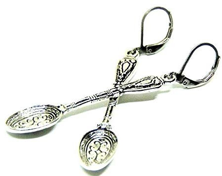 Edwardian Style Spoon Earrings on Silver Plated Leverback Hooks Cutlery Jewelry Chef cook Gifts