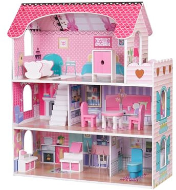 ATAA Toys Casita de muñecas para niñas y niños 62x27x70cm - Rosa -Gran casita de muñecas de Madera para niñas y niños Rosa Accesorios