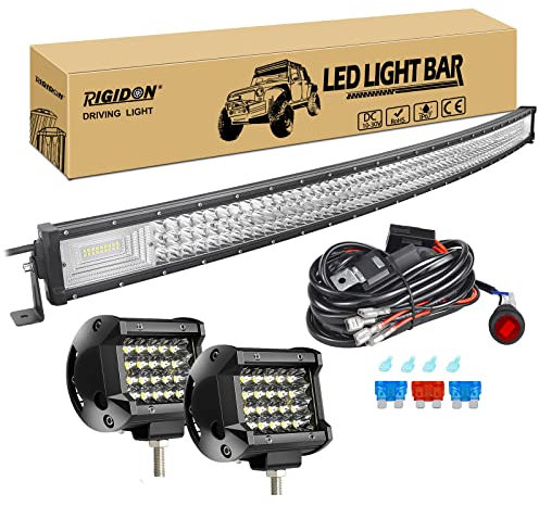 RIGIDON 50 Zoll 127 cm 648W gebogene led lichtleiste mit 12v kabelbaum kit, 2x 4 zoll spot led arbeitsscheinwerfer, Wasserdicht warmweiß offroad beleuchtung für Auto Offroad LKW KFZ Traktor 4x4, 6000K