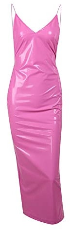 Robe d'été moulante sexy en latex et cuir synthétique - Sans manches - Rose - Taille L