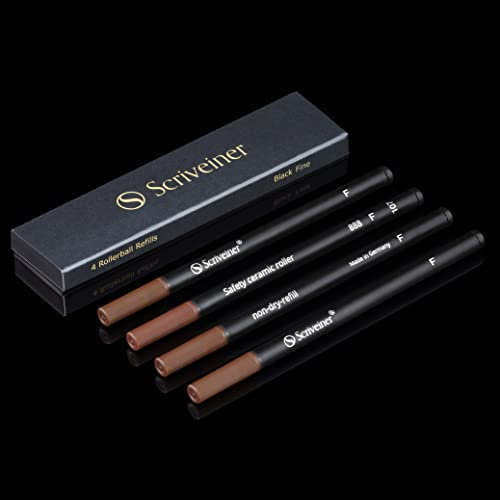 Scriveiner Tintenroller Mine Schwarz Fein - 4 Rollerball Refill Minen in hervorragender Qualität für Scriveiner Stifte - Sicherheits-Keramikmine F - Schmidt 888