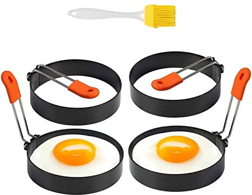 4 Egg Rings for Griddle, 4 Stainless Steel Round Egg Mold with Oil Brush, Nonstick Egg Rings for Frying Eggs, English Mcmuffin