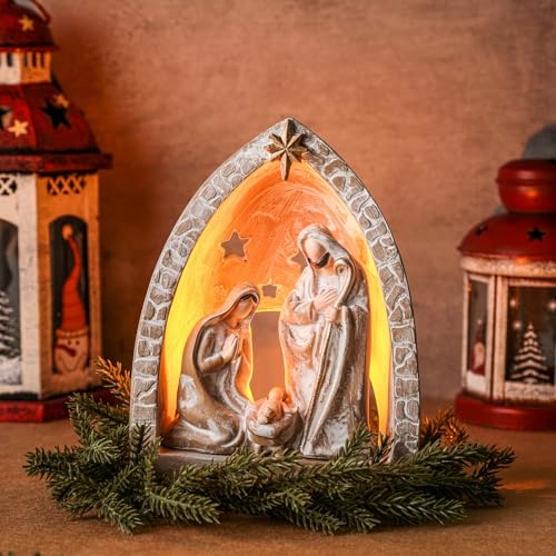 WILLBOND Nativity Sets for Christmas Indoor Holy Family Manger Scene Small Nativity Set with LED Lights Resin Figurine Tealight Candle Holder Tabletop Decor Gift for Holiday(6.7 x 5.5 x 3.9 Inch)