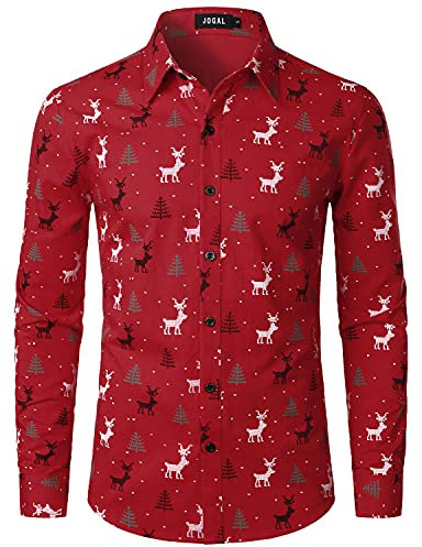 JOGAL Herren Funky Christmas Print Weihnachtsmann Hemd Langarm Button Up Freizeithemd Rot X-Large