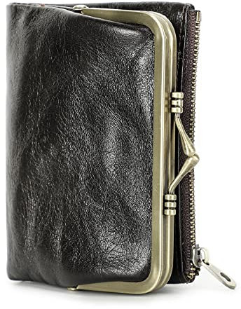 Contacts Portefeuille RFID pour Femme avec Serrure à Baiser,Porte-Monnaie Compact à Deux Volets en Cuir avec Poche zippée Porte-Cartes de crédit Petite avec fenêtre pour Carte d'identité