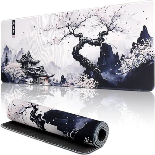 MSHAJ Large Extended Gaming Mouse Pad Desk Mat, Waterproof XL 30x80 cm (12x31.5 inch), Non-Slip Rubber Base, Smooth Surface, Japanese Ink Art Design