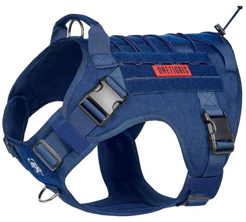 OneTigris Hundegeschirr, FIRE WATCHER Taktische Geschirr Sicherheitsgeschirr Hunde Hundeweste mit 1 Griffe und 2 D-Ring 1000D Nylon (XL, Blau)