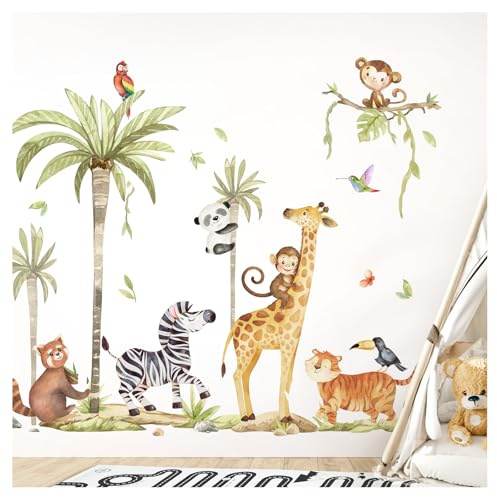 DEKO KINDERZIMMER Wandsticker Safari Tiere Wandtattoo Babyzimmer Dschungel Giraffe Wandaufkleber für Kinderzimmer Wanddeko Spielzimmer DK1146-05
