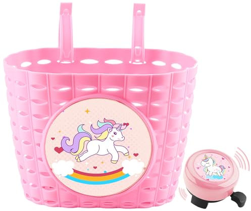 Panier Vélo Enfants, Licorne Panier Avant Vélo Enfants, 20x15x13 cm Rose Panier Vélo Amovible Filles, Imperméable Accessoires Vélo with Cloche, pour Accessoires Bicyclette Filles