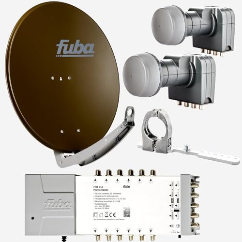 Fuba Sat Anlage 12 Teilnehmer - 2 Satelliten (z.B. Astra/Hotbird) | DAA 780 B Satellitenschüssel 80cm Alu braun (Testergebnis: ausgezeichnet)* + 2X LNB + Multifeed + Multischalter 12 Teilnehmer